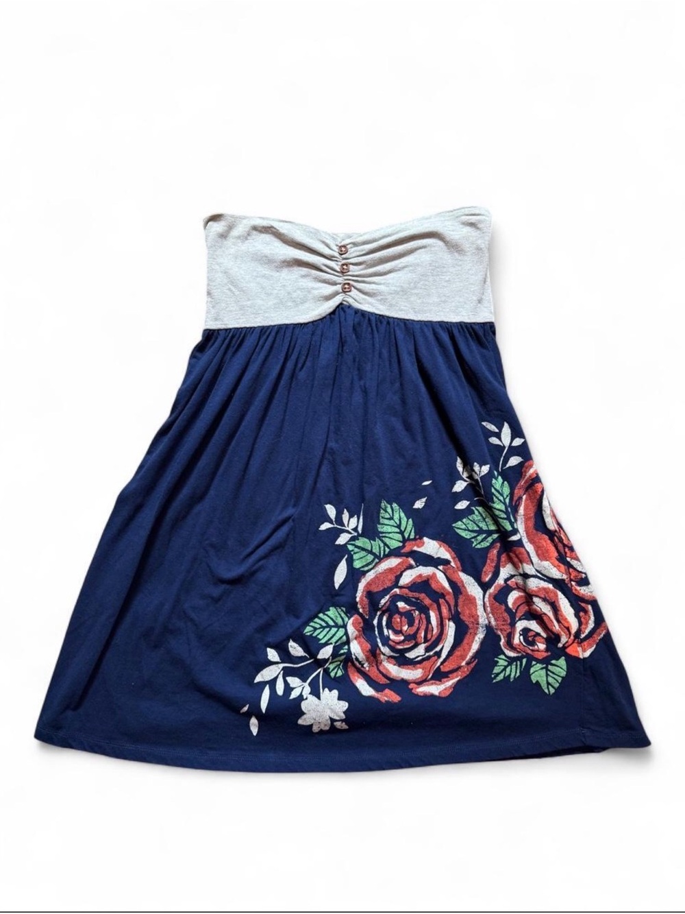 Vintage y2k Rewind Navy Strapless Babydoll Dress with Gray Bust and Rose Print